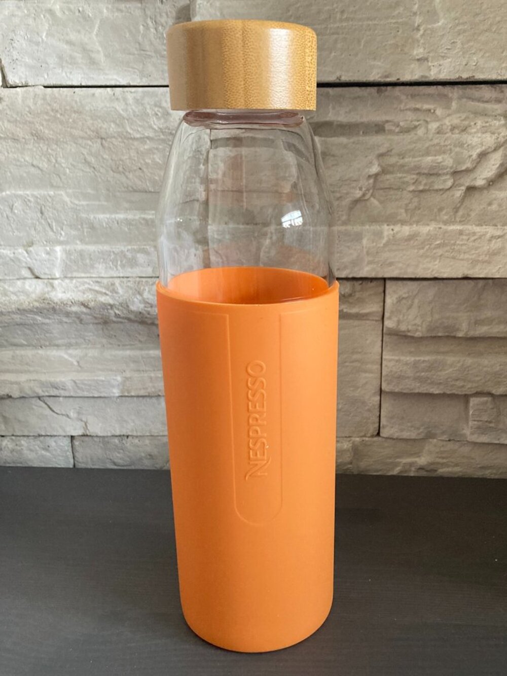 NESPRESSO Reusable Glass Water Bottle Bamboo Cap Screw Top 500ml